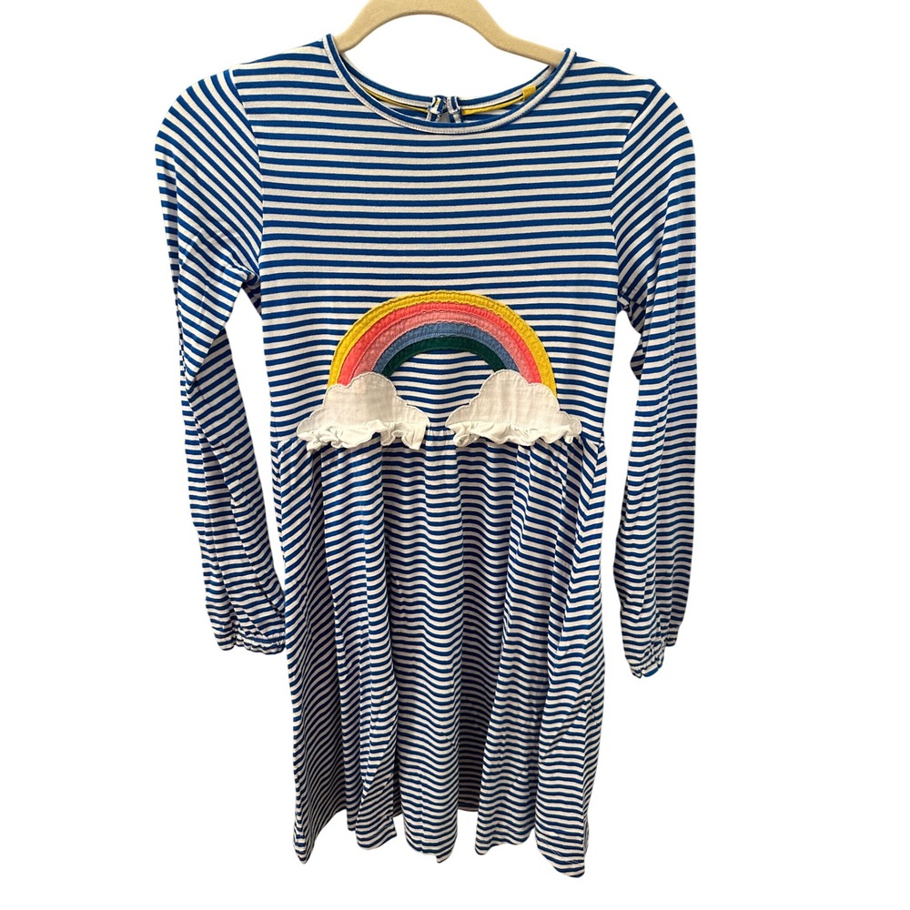 Mini Boden Girls Blue White Striped Rainbow Cloud Long Sleeve Dress Size 11-12Y